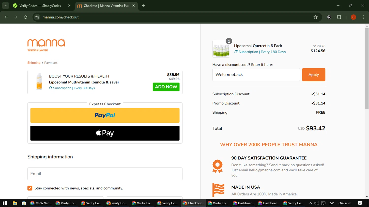 Manna discount code screenshot showing code Welcomeback applied at Manna checkout page. Uploaded by SimplyCodes community member CleverSpotter3730 on Feb 27, 2025