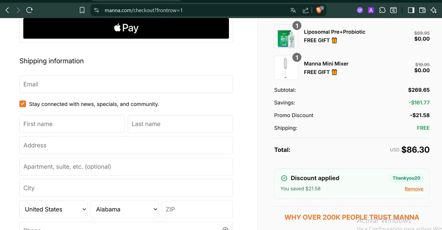 Manna discount code screenshot showing code Thankyou20 applied at Manna checkout page. Uploaded by SimplyCodes community member PennyCaptain4684 on Nov 19, 2025