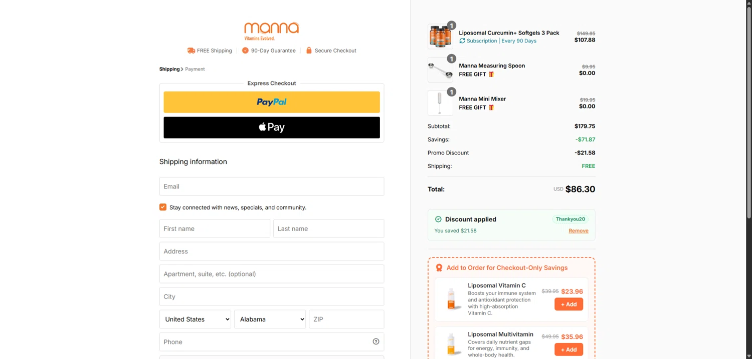 Manna discount code screenshot showing code Thankyou20 applied at Manna checkout page. Uploaded by SimplyCodes community member VictoriousBoss8742 on Jan 7, 2026