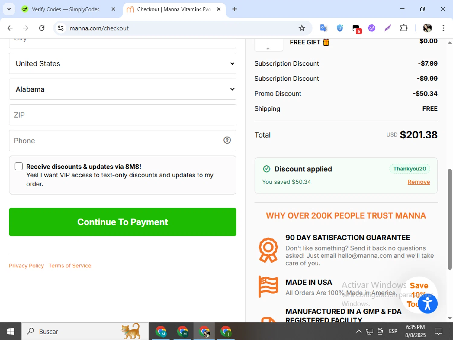 Manna discount code screenshot showing code Thankyou20 applied at Manna checkout page. Uploaded by SimplyCodes community member mariapolancog on Aug 8, 2025
