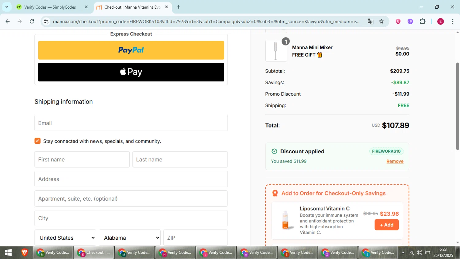Manna discount code screenshot showing code fireworks10 applied at Manna checkout page. Uploaded by SimplyCodes community member BrilliantWhiz4434 on Dec 25, 2025