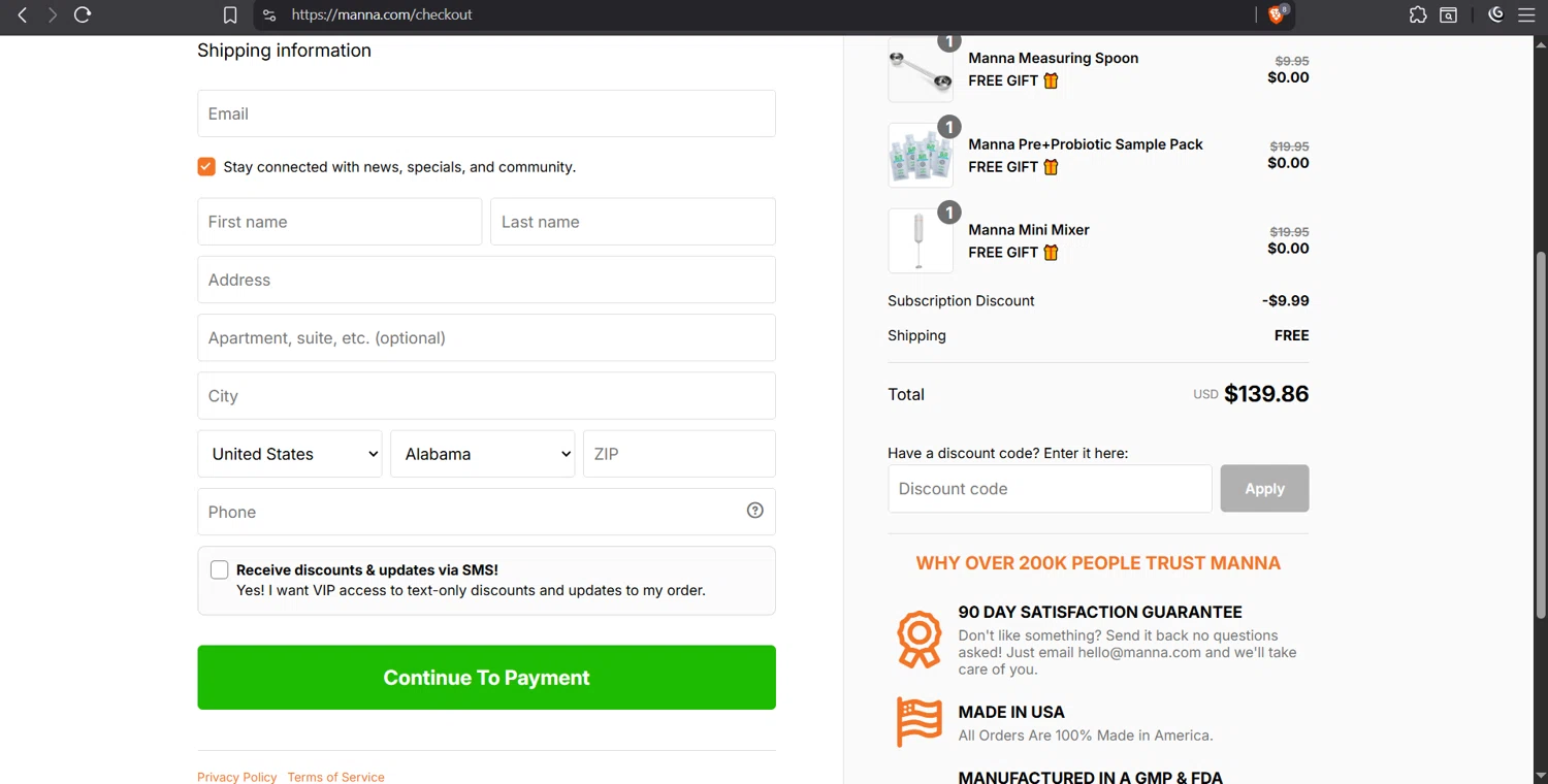 Manna checkout page showing Manna discount code box | Screenshot taken by SimplyCodes community member on Oct 6, 2025