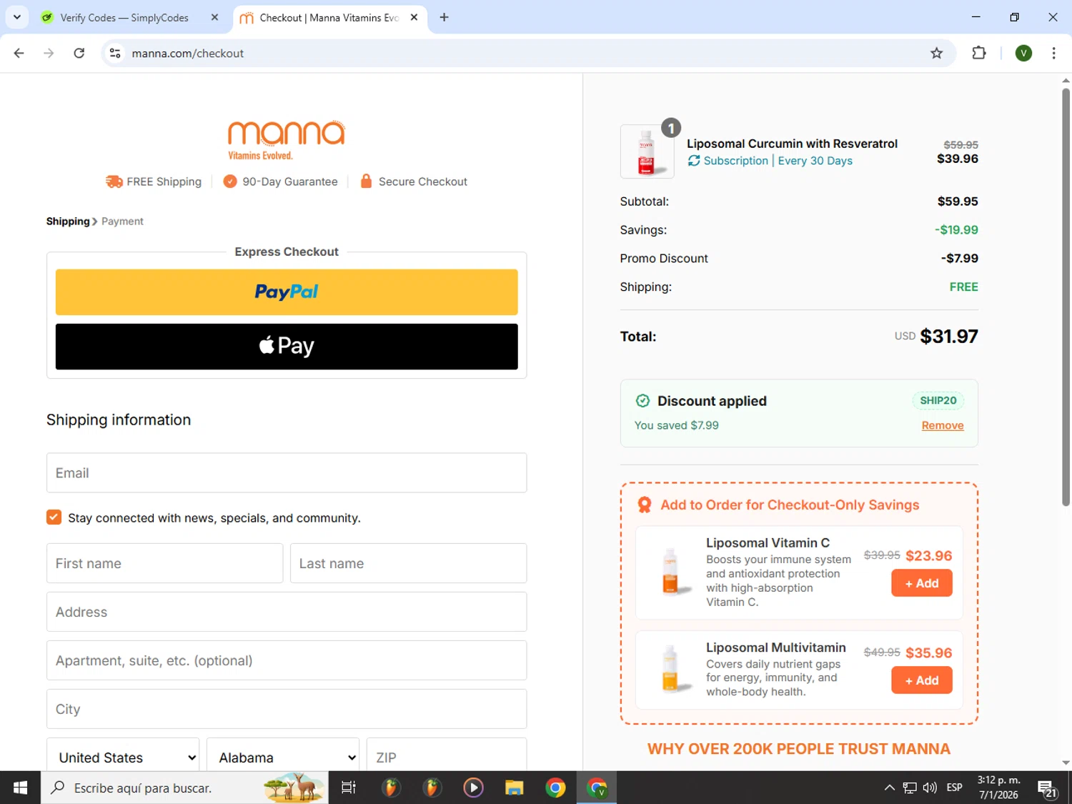 Manna checkout page showing Manna discount code box | Screenshot taken by SimplyCodes community member on Jan 7, 2026