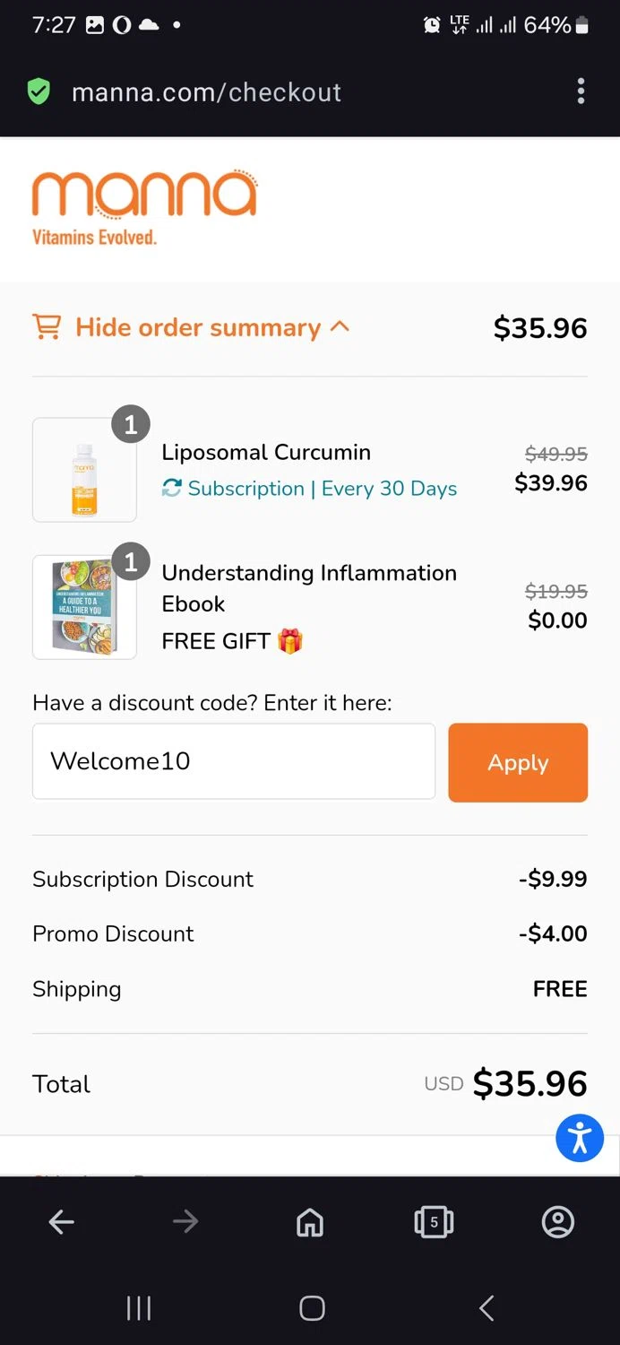 Manna discount code screenshot showing code Welcome10 applied at Manna checkout page. Uploaded by SimplyCodes community member vida5254427716958 on Dec 2, 2024