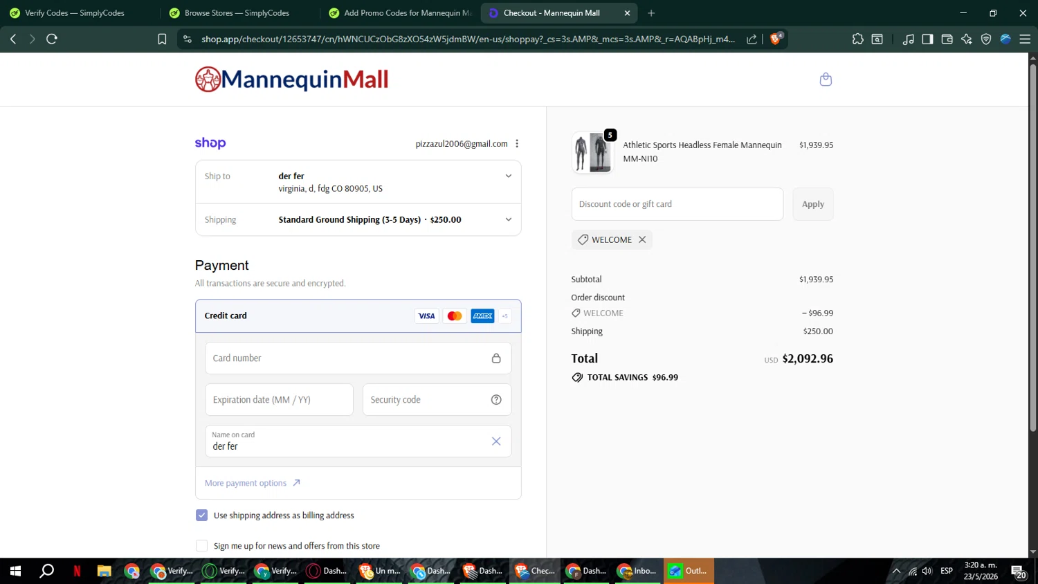 Mannequin Mall promo code screenshot showing code WELCOME applied at Mannequin Mall checkout page. Uploaded by SimplyCodes community member ShrewdSeeker6165 on May 23, 2026