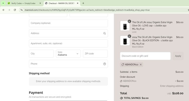 Manni Oil checkout page showing Manni Oil promo code box | Screenshot taken by SimplyCodes community member on Sep 6, 2025