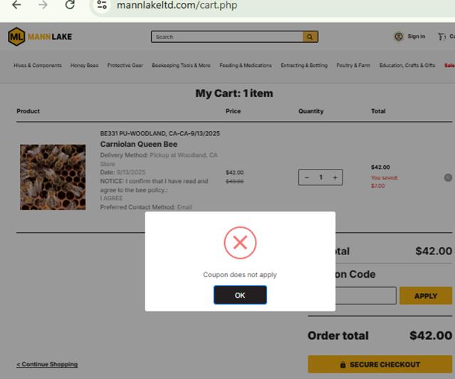 Mann Lake checkout page showing Mann Lake coupon code box | Screenshot taken by SimplyCodes community member on Sep 5, 2025