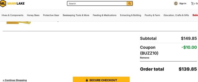 Mann Lake checkout page showing Mann Lake coupon code box | Screenshot taken by SimplyCodes community member on Aug 11, 2025