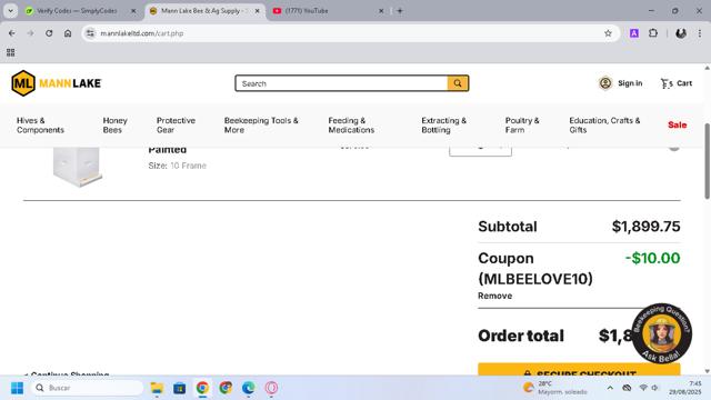 Mann Lake checkout page showing Mann Lake coupon code box | Screenshot taken by SimplyCodes community member on Aug 29, 2025
