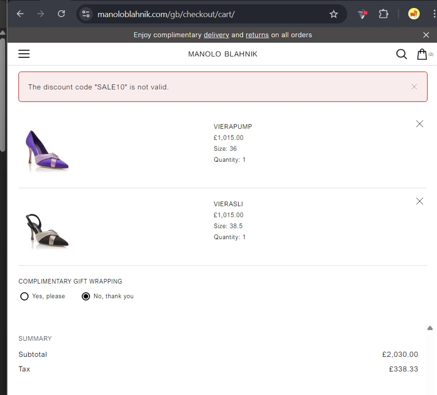 Manolo Blahnik discount code screenshot showing code SALE10 applied at Manolo Blahnik checkout page. Uploaded by SimplyCodes community member RafaLB on Feb 14, 2026