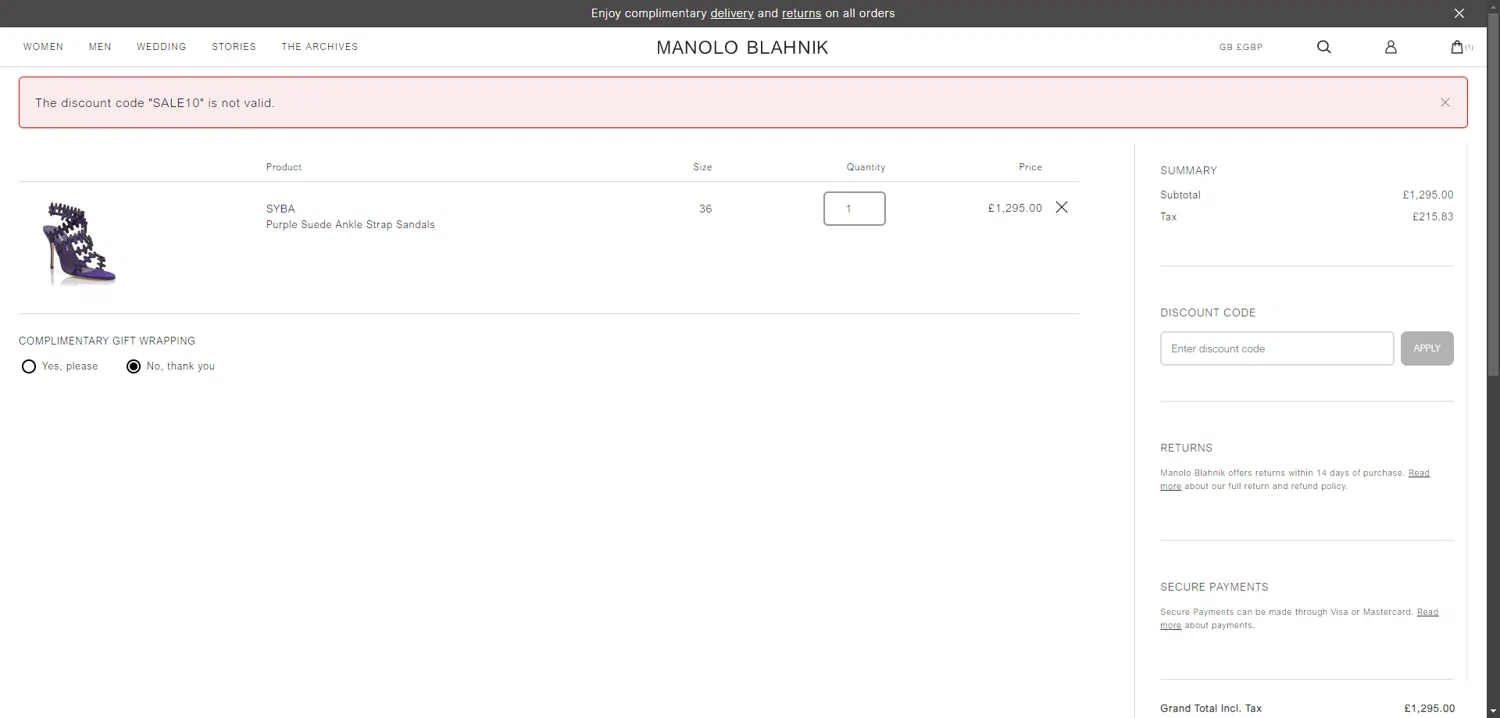 Manolo Blahnik discount code screenshot showing code SALE10 applied at Manolo Blahnik checkout page. Uploaded by SimplyCodes community member WonderMaverick6123 on Feb 14, 2026
