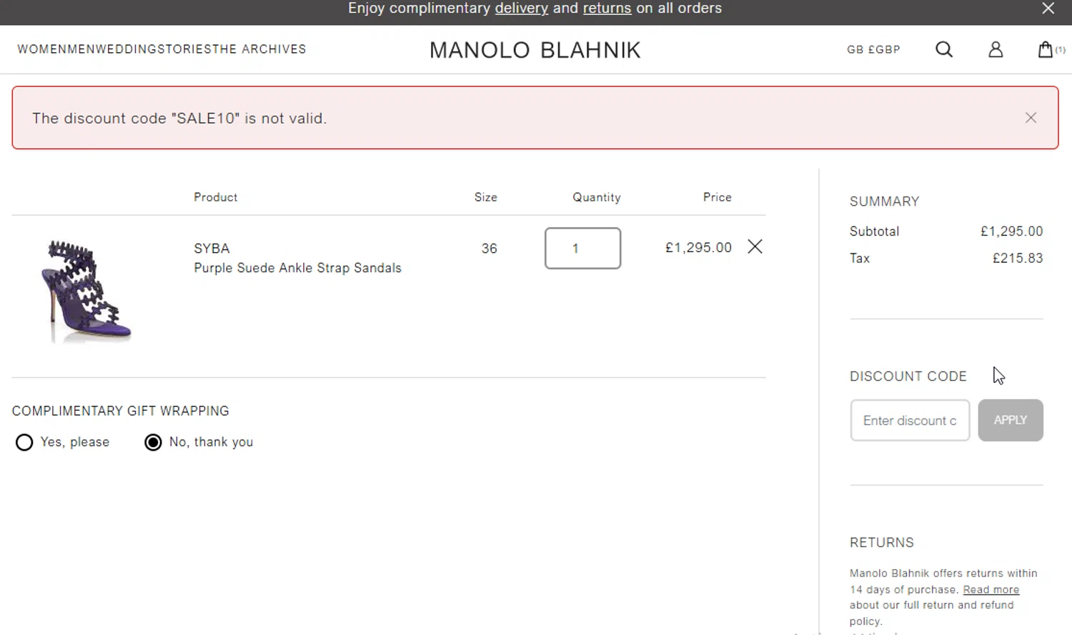 Manolo Blahnik discount code screenshot showing code SALE10 applied at Manolo Blahnik checkout page. Uploaded by SimplyCodes community member WonderW on Feb 14, 2026