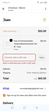 Manor Phoenix coupon verification screenshot