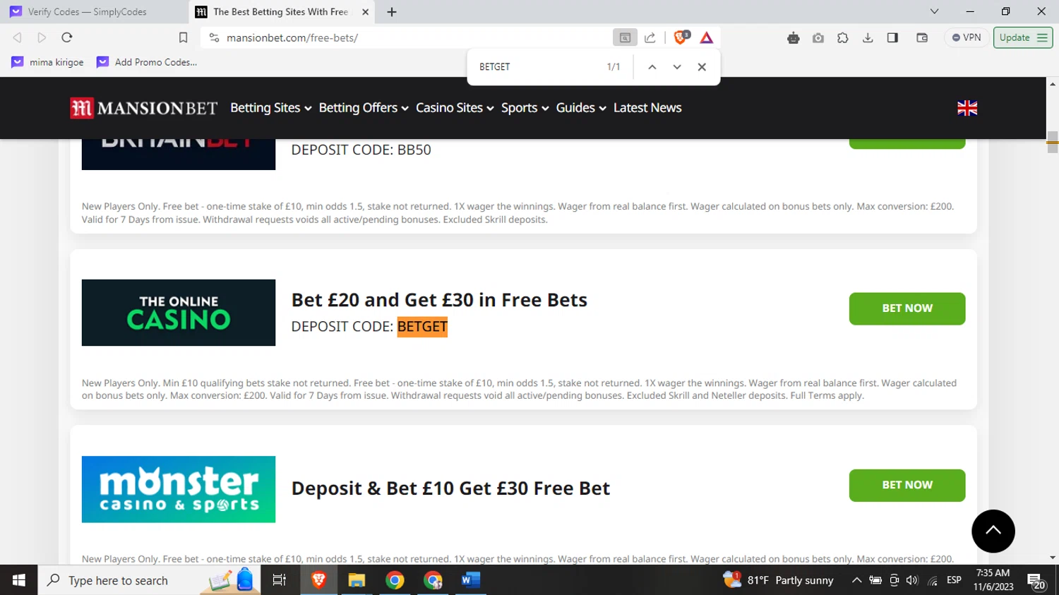 MansionBet checkout page showing MansionBet promo code box | Screenshot taken by SimplyCodes community member on Nov 6, 2023