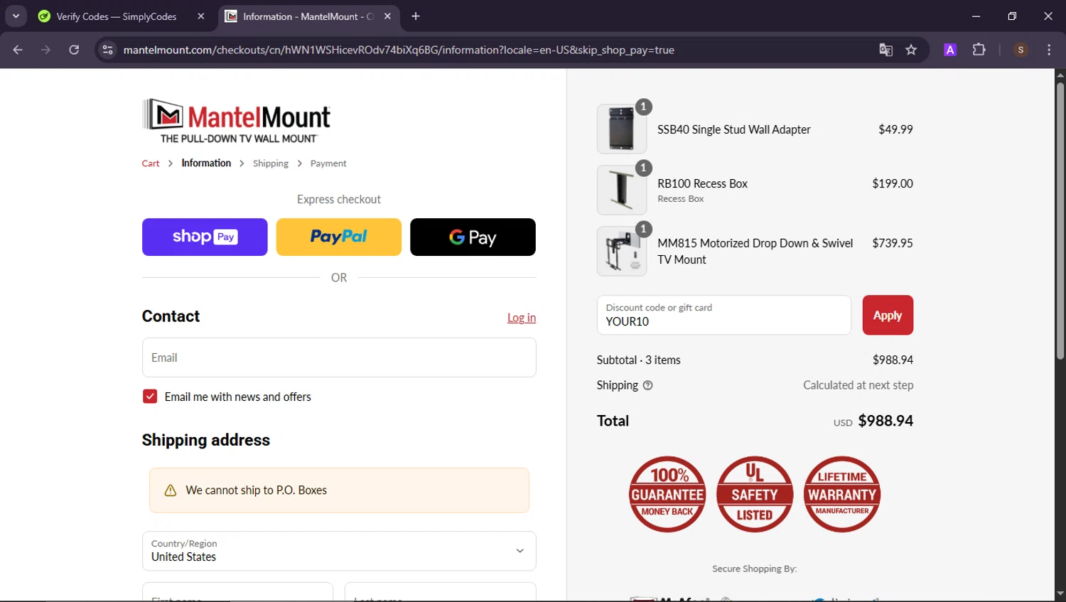 MantelMount discount code screenshot showing code YOUR10 applied at MantelMount checkout page. Uploaded by SimplyCodes community member ShieldAdmiral2781 on Aug 7, 2025