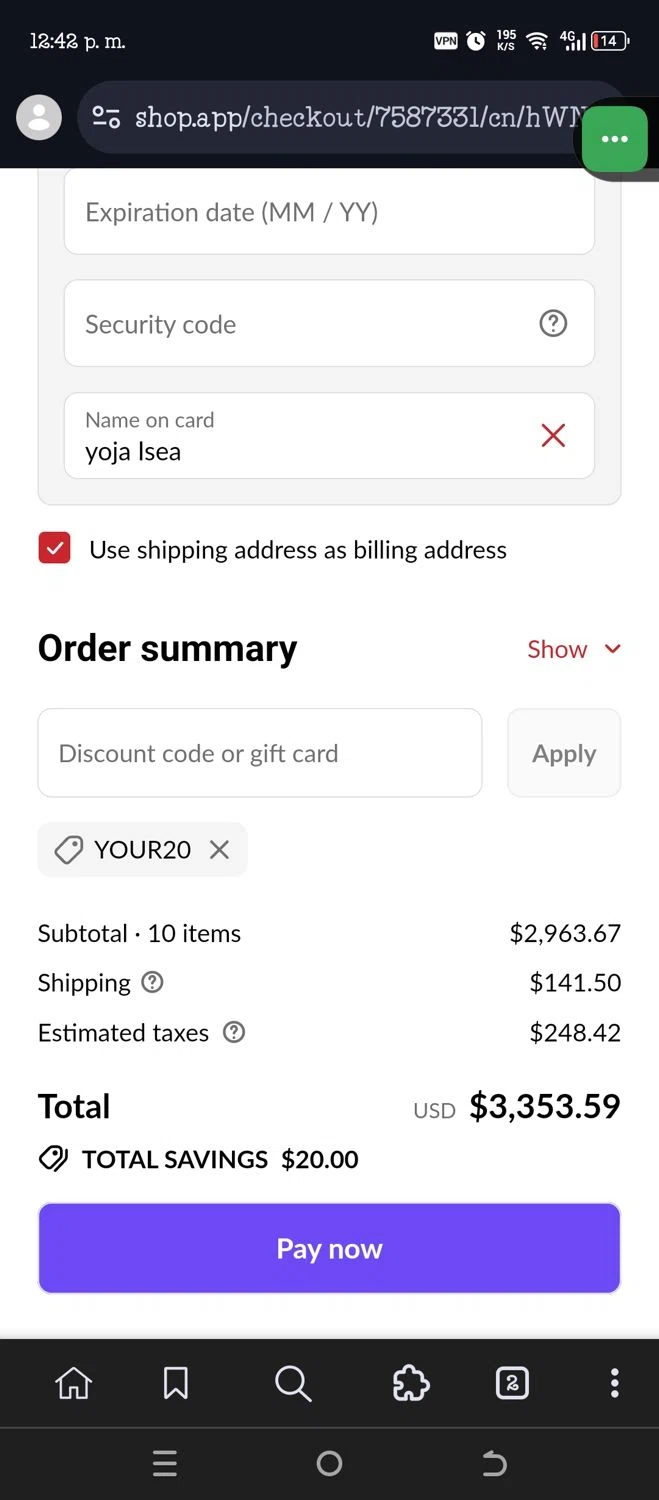 MantelMount discount code screenshot showing code YOUR20 applied at MantelMount checkout page. Uploaded by SimplyCodes community member VillaloboY on Nov 11, 2025
