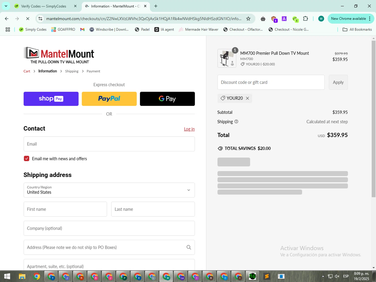 MantelMount discount code screenshot showing code YOUR20 applied at MantelMount checkout page. Uploaded by SimplyCodes community member BudgetWizard5987 on Feb 20, 2025