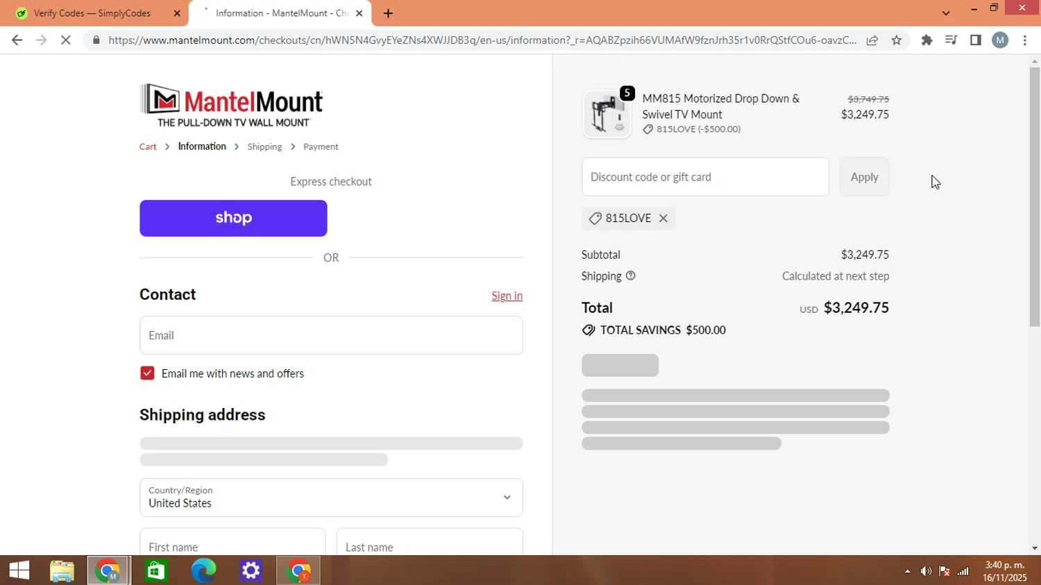 MantelMount discount code screenshot showing code 815LOVE applied at MantelMount checkout page. Uploaded by SimplyCodes community member AJOTAA on Nov 16, 2025