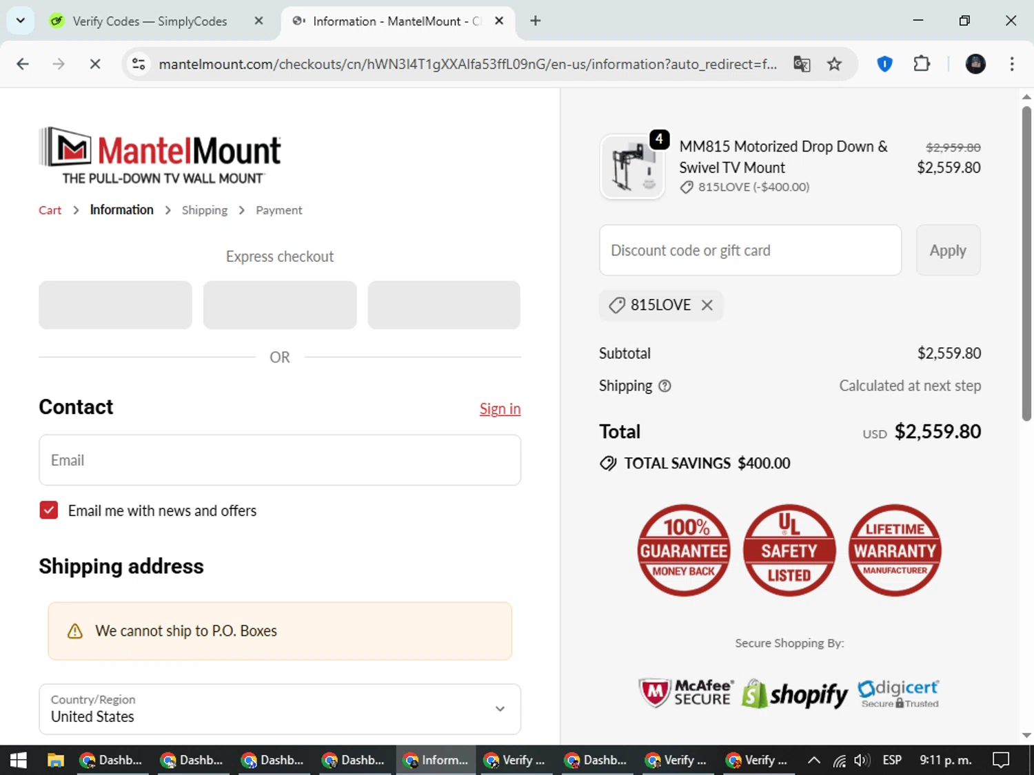 MantelMount discount code screenshot showing code 815LOVE applied at MantelMount checkout page. Uploaded by SimplyCodes community member ValueElite5945 on Sep 23, 2025