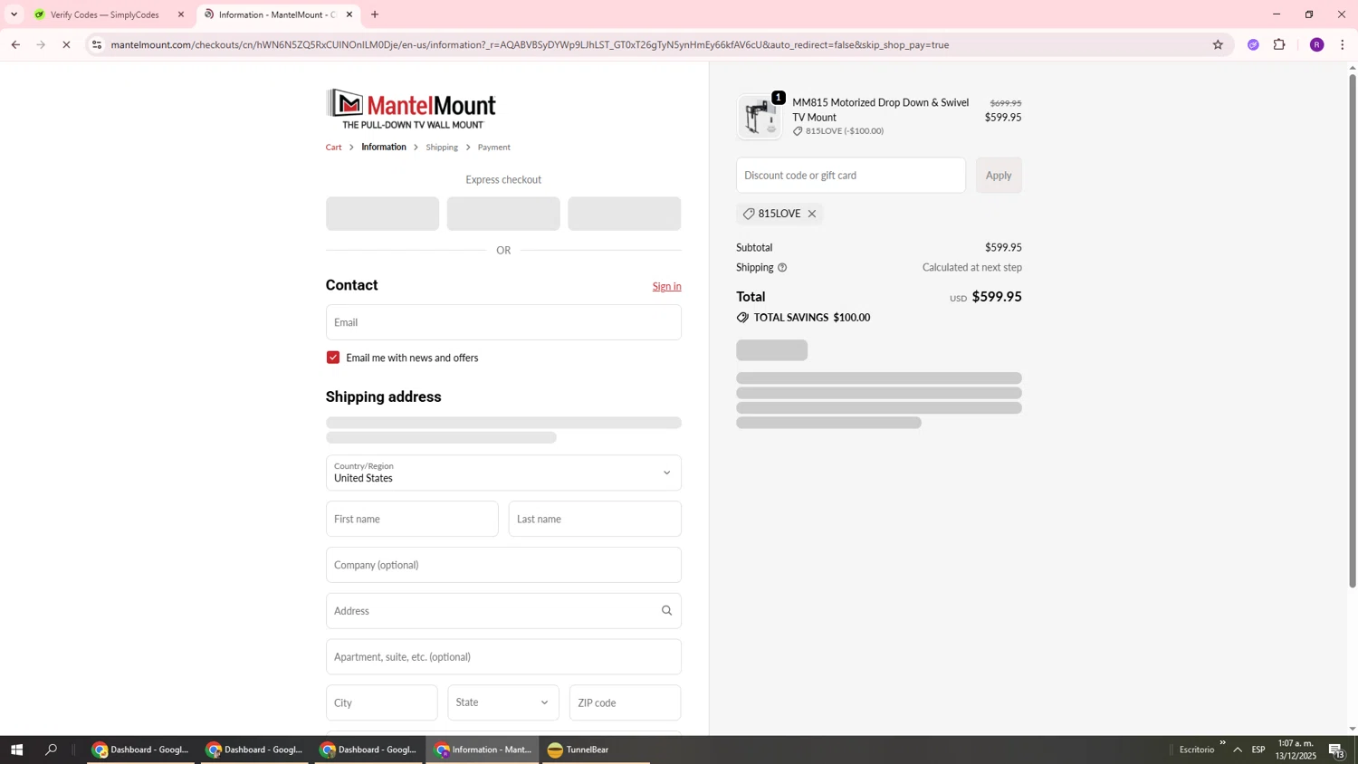 MantelMount discount code screenshot showing code 815LOVE applied at MantelMount checkout page. Uploaded by SimplyCodes community member ukemochi on Dec 13, 2025