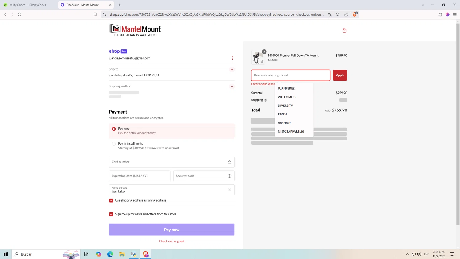 MantelMount discount code screenshot showing code 6QTNRN6K applied at MantelMount checkout page. Uploaded by SimplyCodes community member Monitos on Feb 13, 2025