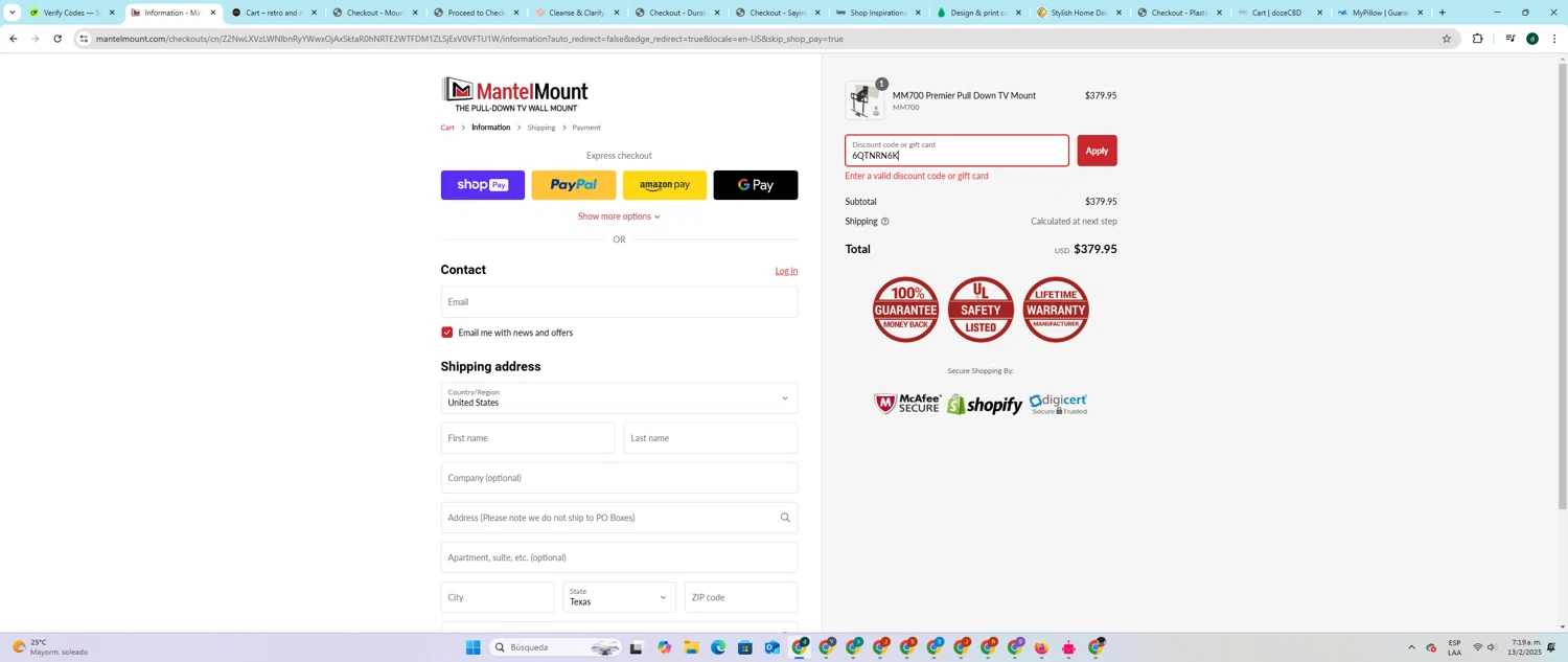 MantelMount discount code screenshot showing code 6QTNRN6K applied at MantelMount checkout page. Uploaded by SimplyCodes community member darlisiglesias on Feb 13, 2025