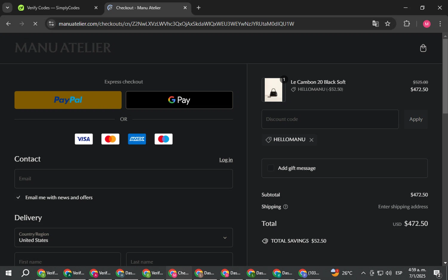 Manu Atelier promo code screenshot showing code HELLOMANU applied at Manu Atelier checkout page. Uploaded by SimplyCodes community member CBR600 on Jan 7, 2025