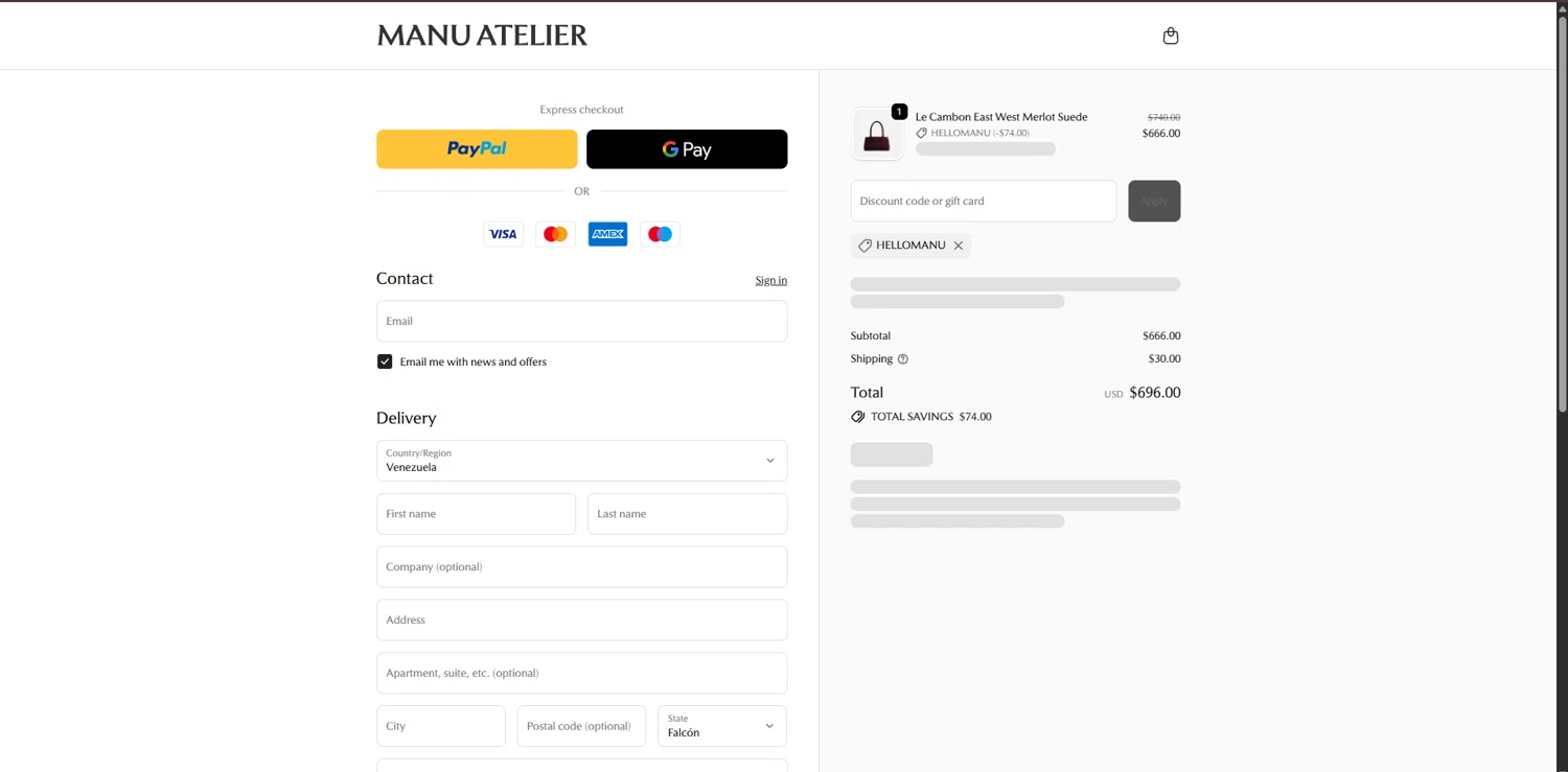 Manu Atelier checkout page showing Manu Atelier promo code box | Screenshot taken by SimplyCodes community member on Dec 15, 2025