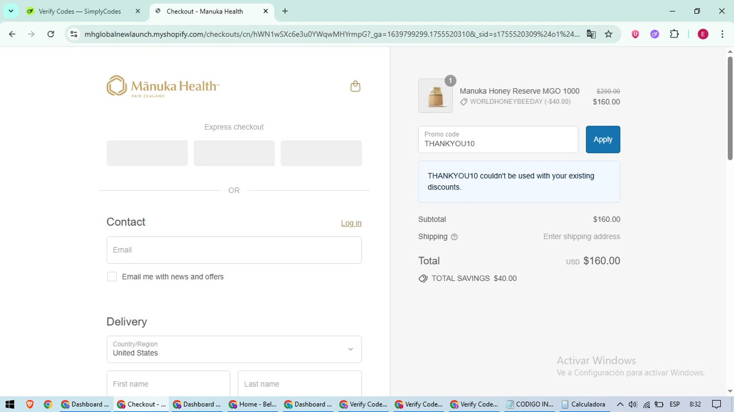 Manuka Health US promo code screenshot showing code THANKYOU10 applied at Manuka Health US checkout page. Uploaded by SimplyCodes community member BrilliantWhiz4434 on Aug 18, 2025