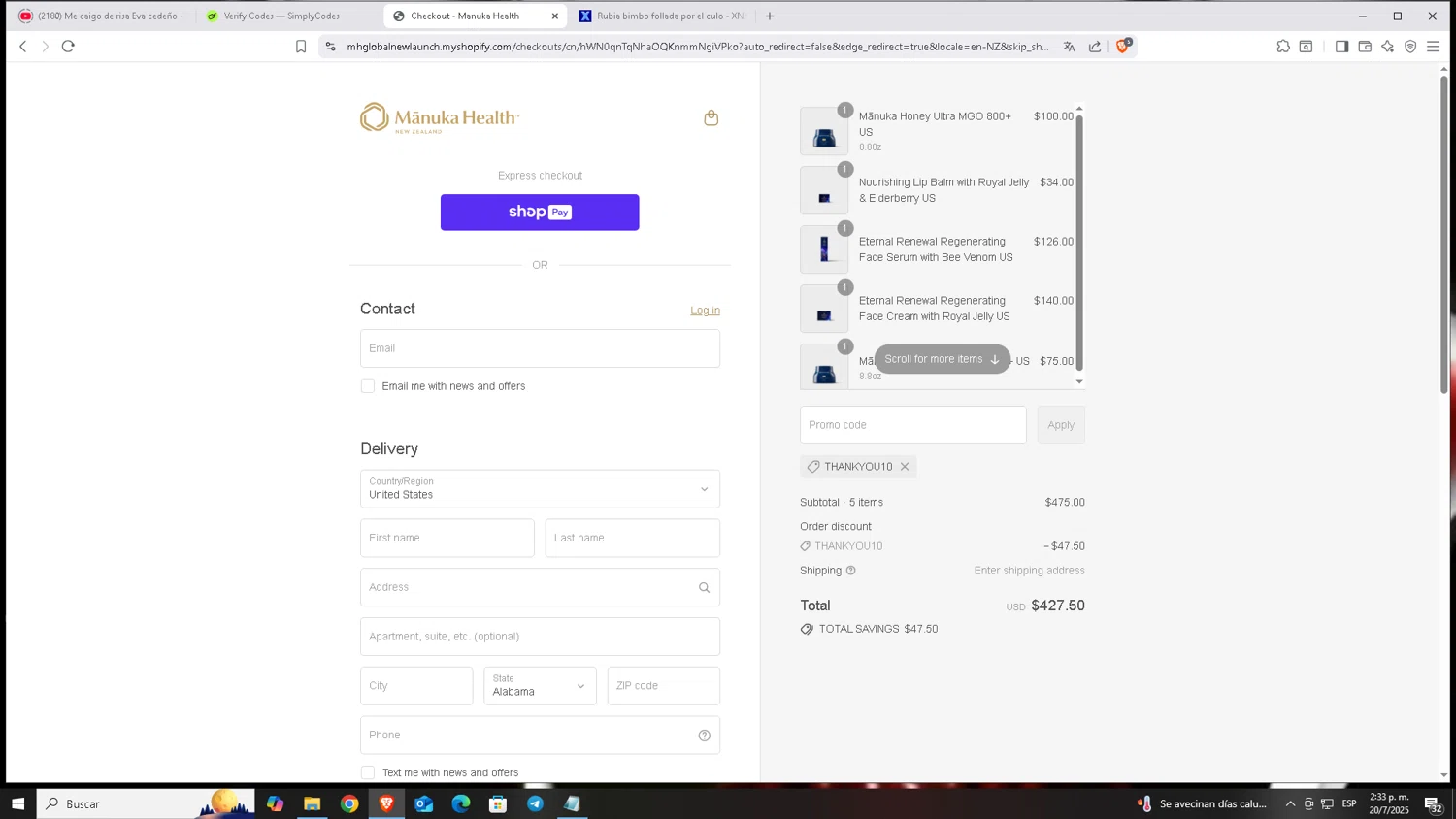 Manuka Health US promo code screenshot showing code THANKYOU10 applied at Manuka Health US checkout page. Uploaded by SimplyCodes community member Carloscoder_900457733 on Jul 20, 2025