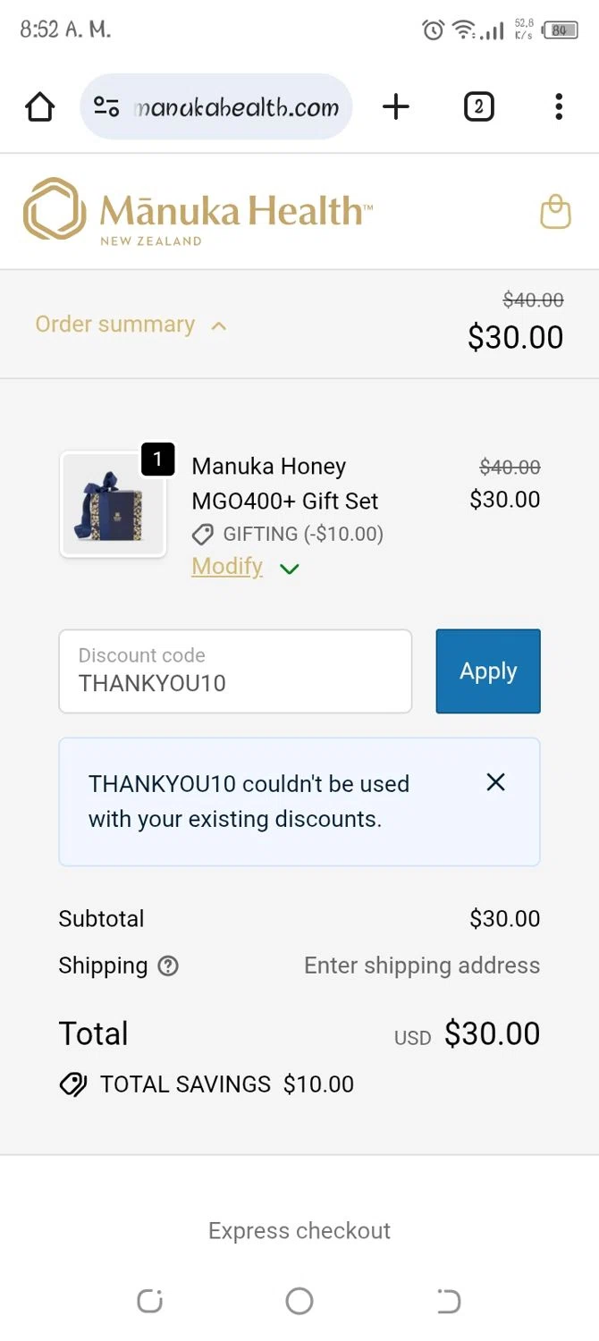 Manuka Health US checkout page showing Manuka Health US promo code box | Screenshot taken by SimplyCodes community member on Dec 12, 2025