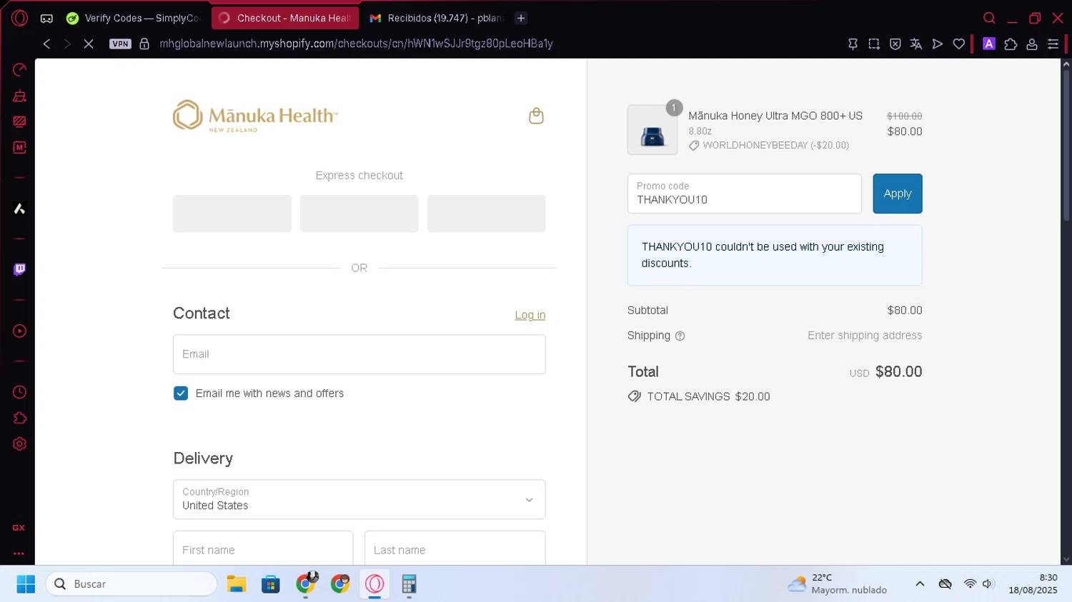 Manuka Health US promo code screenshot showing code THANKYOU10 applied at Manuka Health US checkout page. Uploaded by SimplyCodes community member YunoMaria on Aug 18, 2025