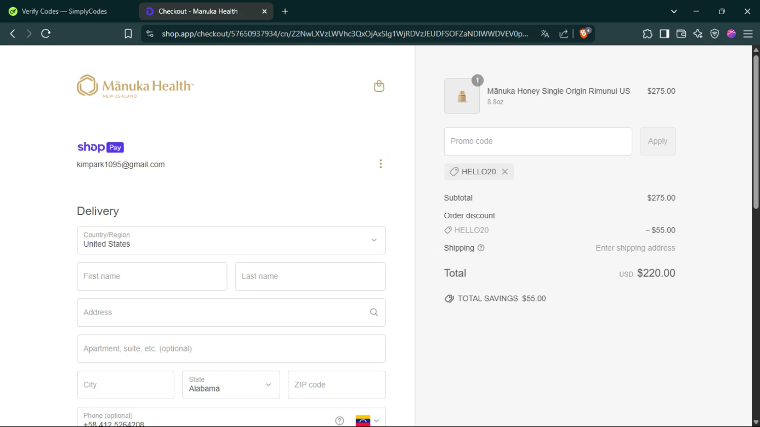Manuka Health US promo code screenshot showing code Hello20 applied at Manuka Health US checkout page. Uploaded by SimplyCodes community member Guacamole_Picante on Jun 7, 2025