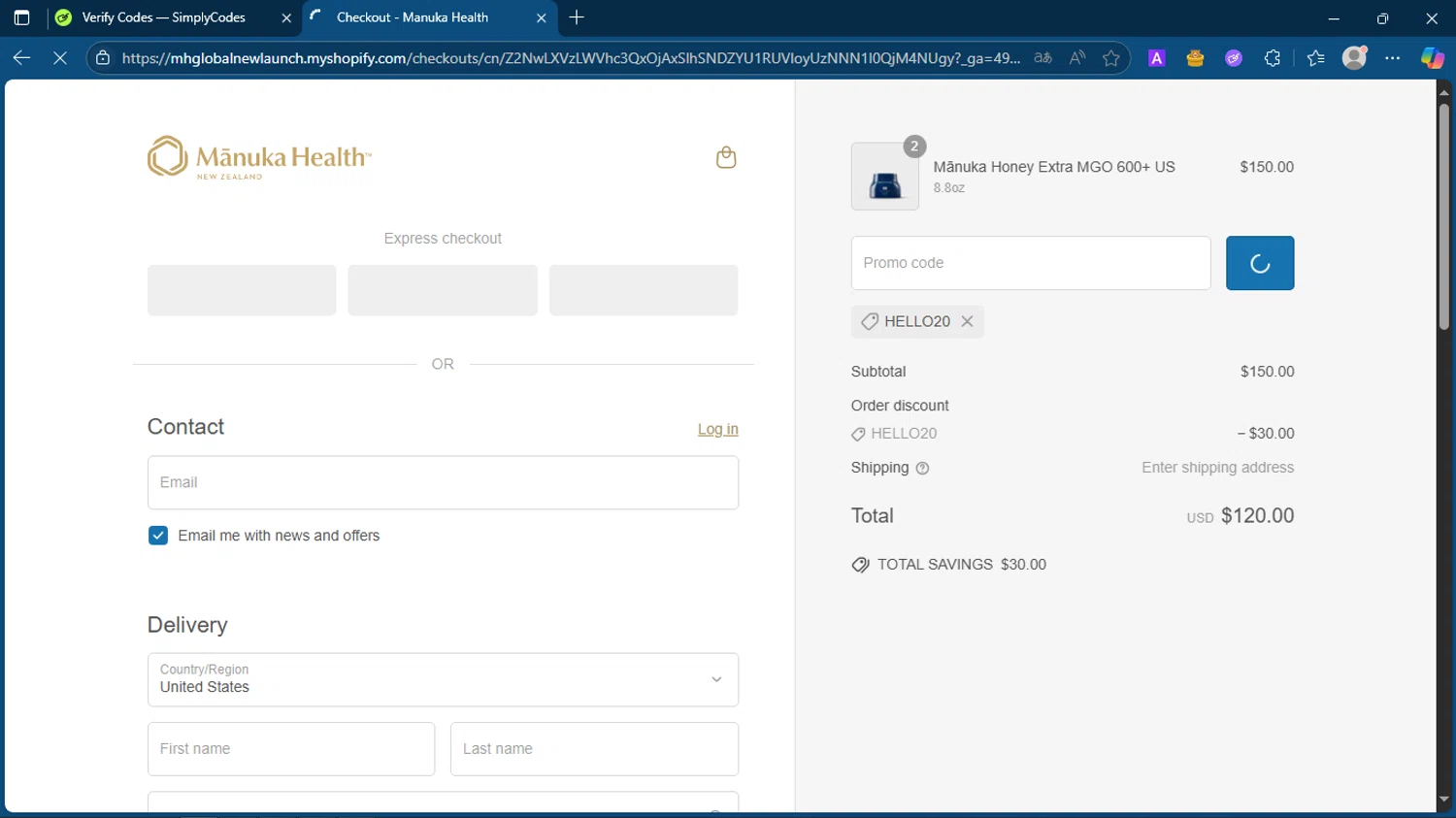 Manuka Health US promo code screenshot showing code Hello20 applied at Manuka Health US checkout page. Uploaded by SimplyCodes community member SavingsWhiz9509 on Jun 14, 2025
