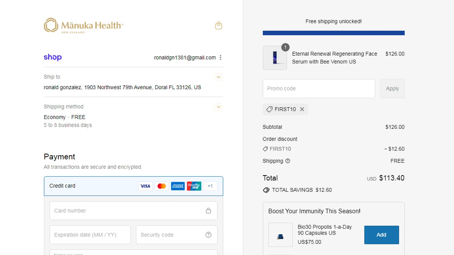 Manuka Health US promo code screenshot showing code FIRST10 applied at Manuka Health US checkout page. Uploaded by SimplyCodes community member SavvyHawk656 on Aug 29, 2025