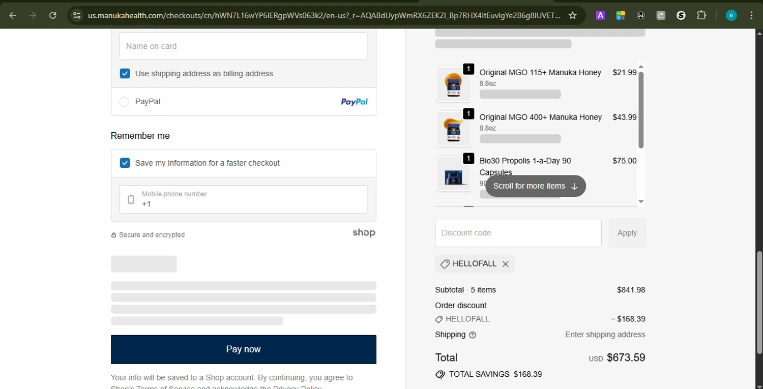 Manuka Health US promo code screenshot showing code HELLOFALL applied at Manuka Health US checkout page. Uploaded by SimplyCodes community member PrincessCoupon on Jan 7, 2026