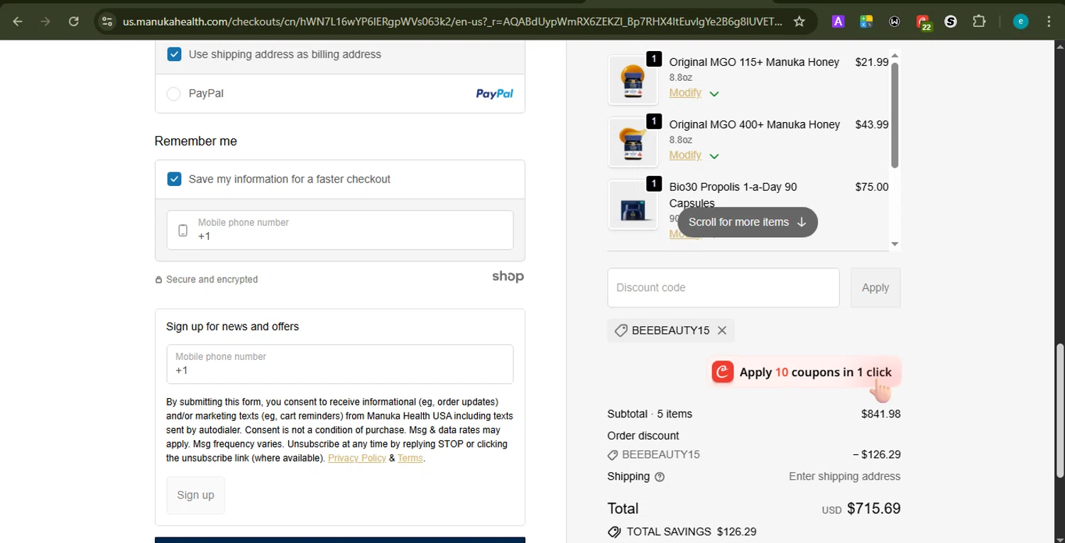 Manuka Health US promo code screenshot showing code BEEBEAUTY15 applied at Manuka Health US checkout page. Uploaded by SimplyCodes community member PrincessCoupon on Jan 7, 2026