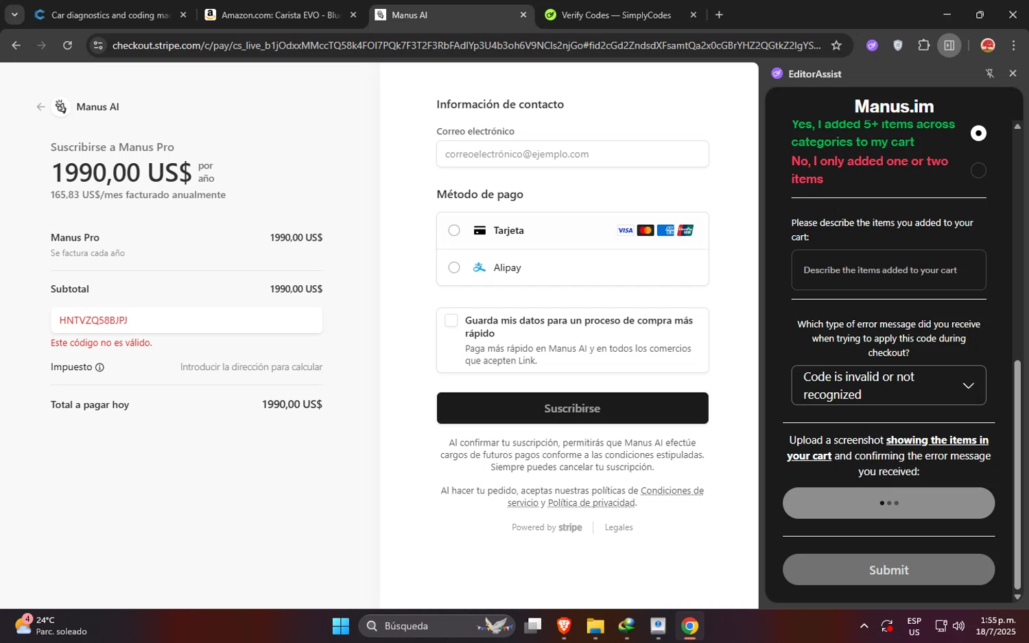 Manus.im promo code screenshot showing code HNTVZQ58BJPJ applied at Manus.im checkout page. Uploaded by SimplyCodes community member GloriousWizard5474 on Jul 18, 2025