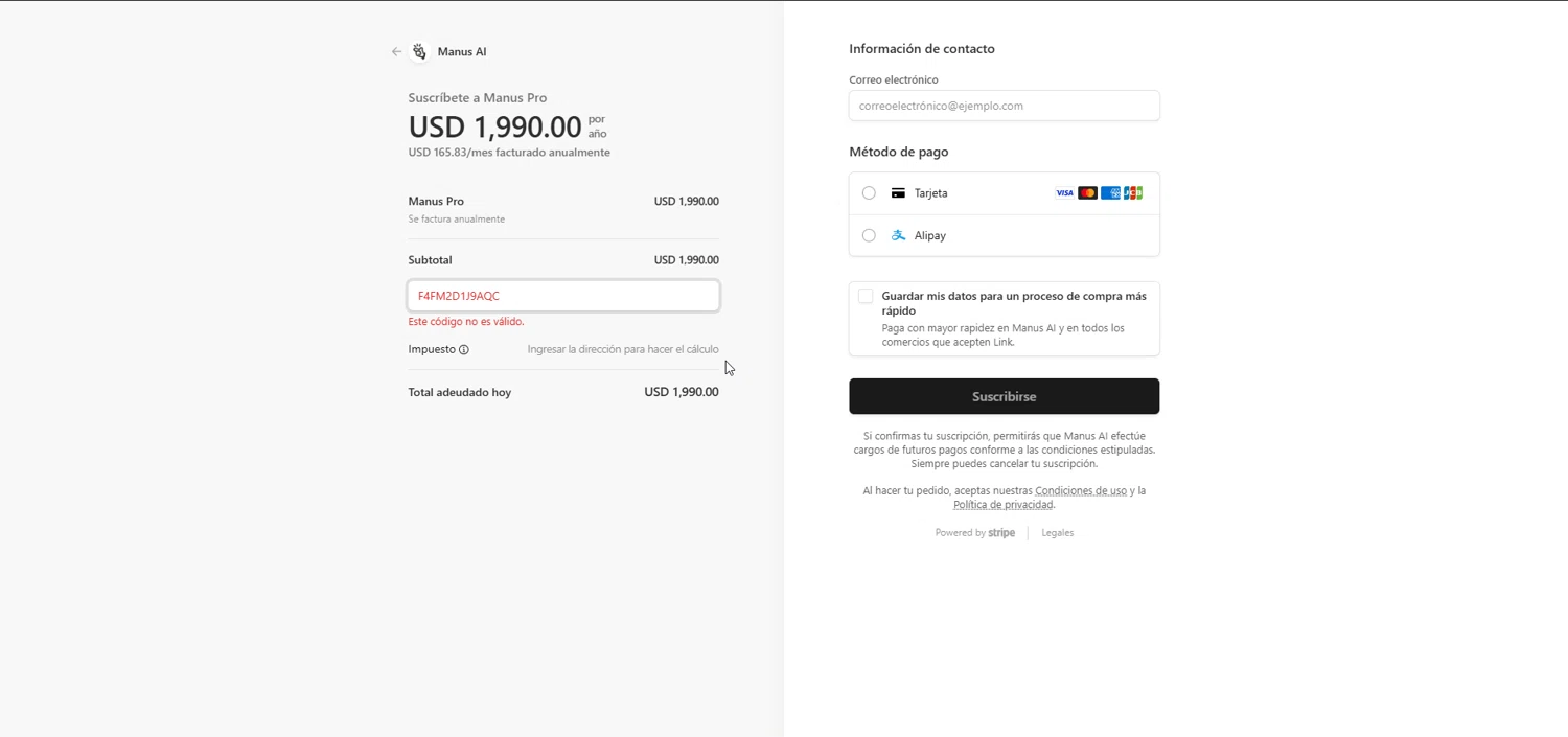 Manus.im promo code screenshot showing code F4FM2D1J9AQC applied at Manus.im checkout page. Uploaded by SimplyCodes community member Raibelys_18 on Jun 28, 2025