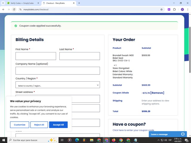Many Bidets checkout page showing Many Bidets coupon code box | Screenshot taken by SimplyCodes community member on Jun 4, 2025