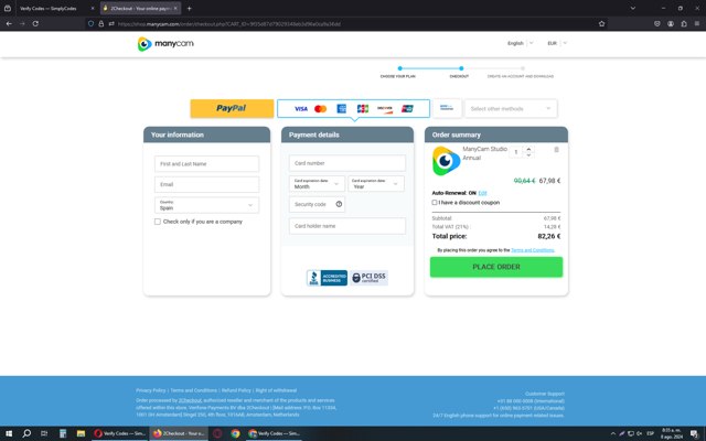ManyCam checkout page showing ManyCam promo code box | Screenshot taken by SimplyCodes community member on Aug 8, 2024