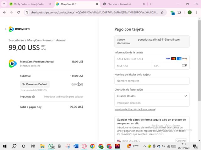ManyCam checkout page showing ManyCam promo code box | Screenshot taken by SimplyCodes community member on Nov 6, 2024