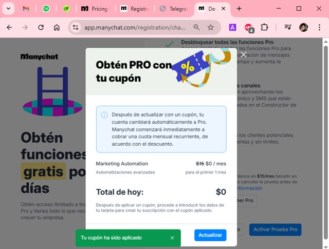 ManyChat checkout page showing ManyChat promo code box | Screenshot taken by SimplyCodes community member on Apr 24, 2025