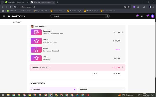 Manyvids checkout page showing Manyvids promo code box | Screenshot taken by SimplyCodes community member on Aug 7, 2025