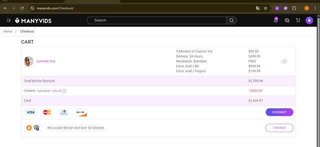 Manyvids checkout page showing Manyvids promo code box | Screenshot taken by SimplyCodes community member on Aug 3, 2025