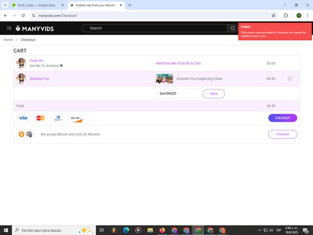 Manyvids checkout page showing Manyvids promo code box | Screenshot taken by SimplyCodes community member on Aug 18, 2025