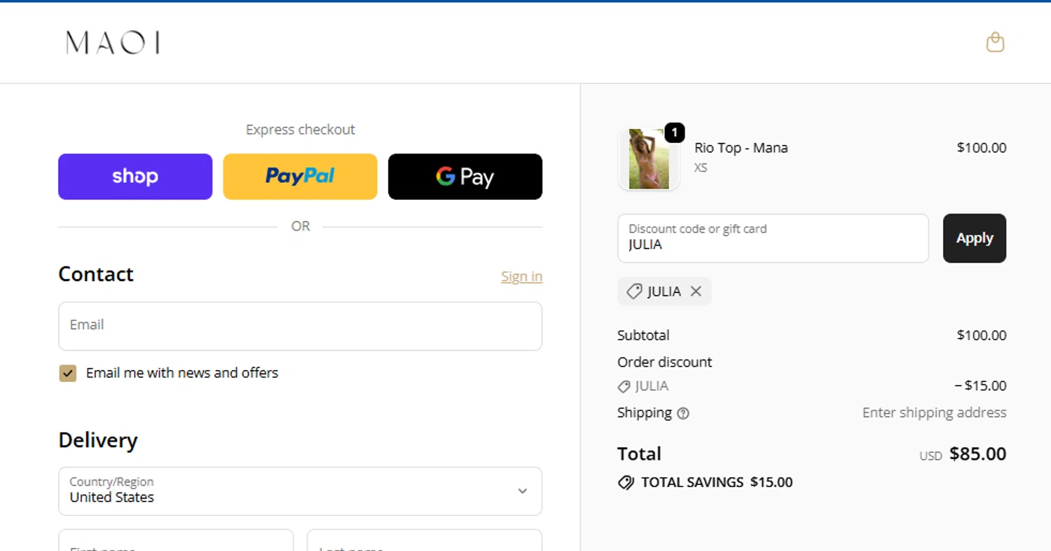 MAOI Swim promo code screenshot showing code JULIA applied at MAOI Swim checkout page. Uploaded by SimplyCodes community member CleverWhiz2265 on Nov 30, 2025