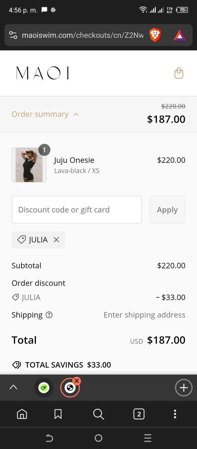 MAOI Swim promo code screenshot showing code JULIA applied at MAOI Swim checkout page. Uploaded by SimplyCodes community member Sadalsuud on Mar 3, 2025