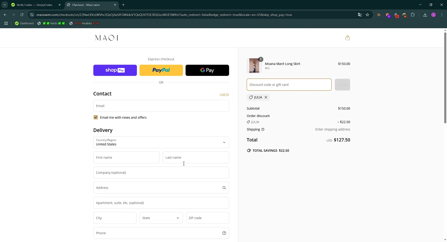 MAOI Swim promo code screenshot showing code JULIA applied at MAOI Swim checkout page. Uploaded by SimplyCodes community member WonderMaverick6123 on Mar 29, 2025