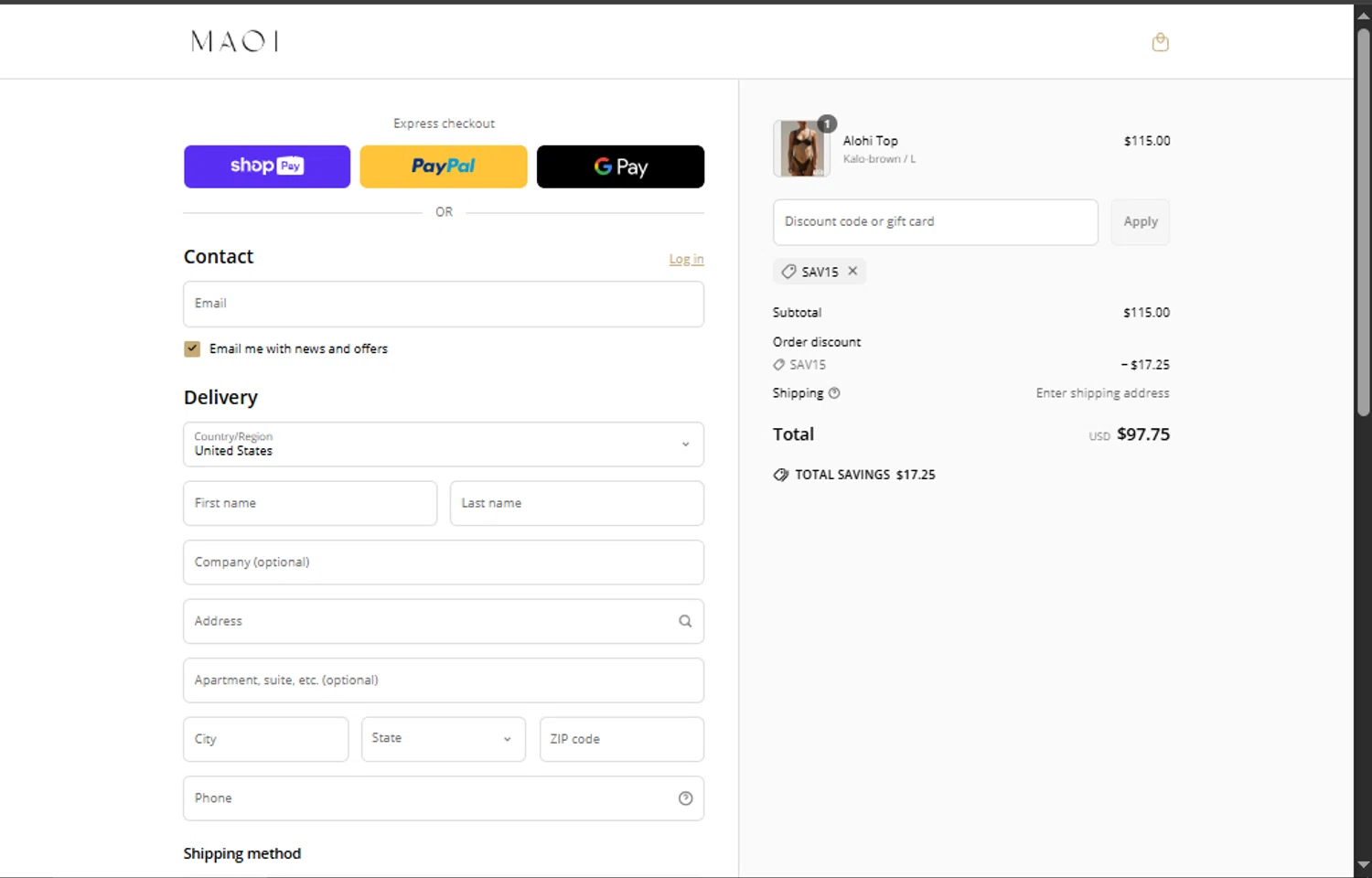 MAOI Swim promo code screenshot showing code sav15 applied at MAOI Swim checkout page. Uploaded by SimplyCodes community member EpicChaser4293 on Apr 28, 2025